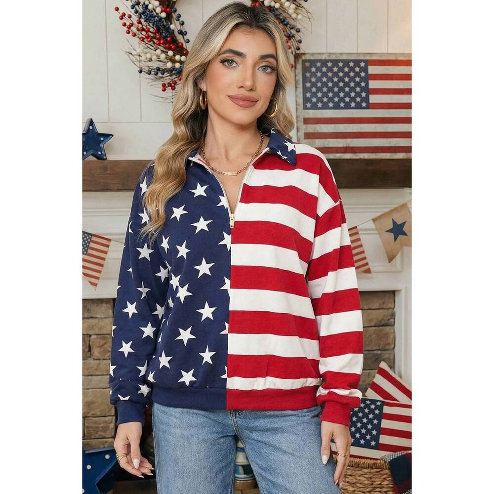 NEW SHEWIN american zip collar pullover top in red multi